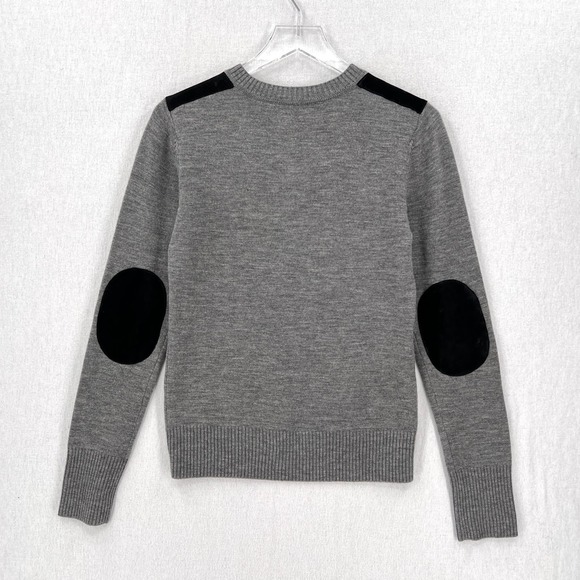 MINNIE ROSE Sweater Women S Gray Merino V-neck Long Sleeve Leather Elbow Patch - Picture 2 of 12